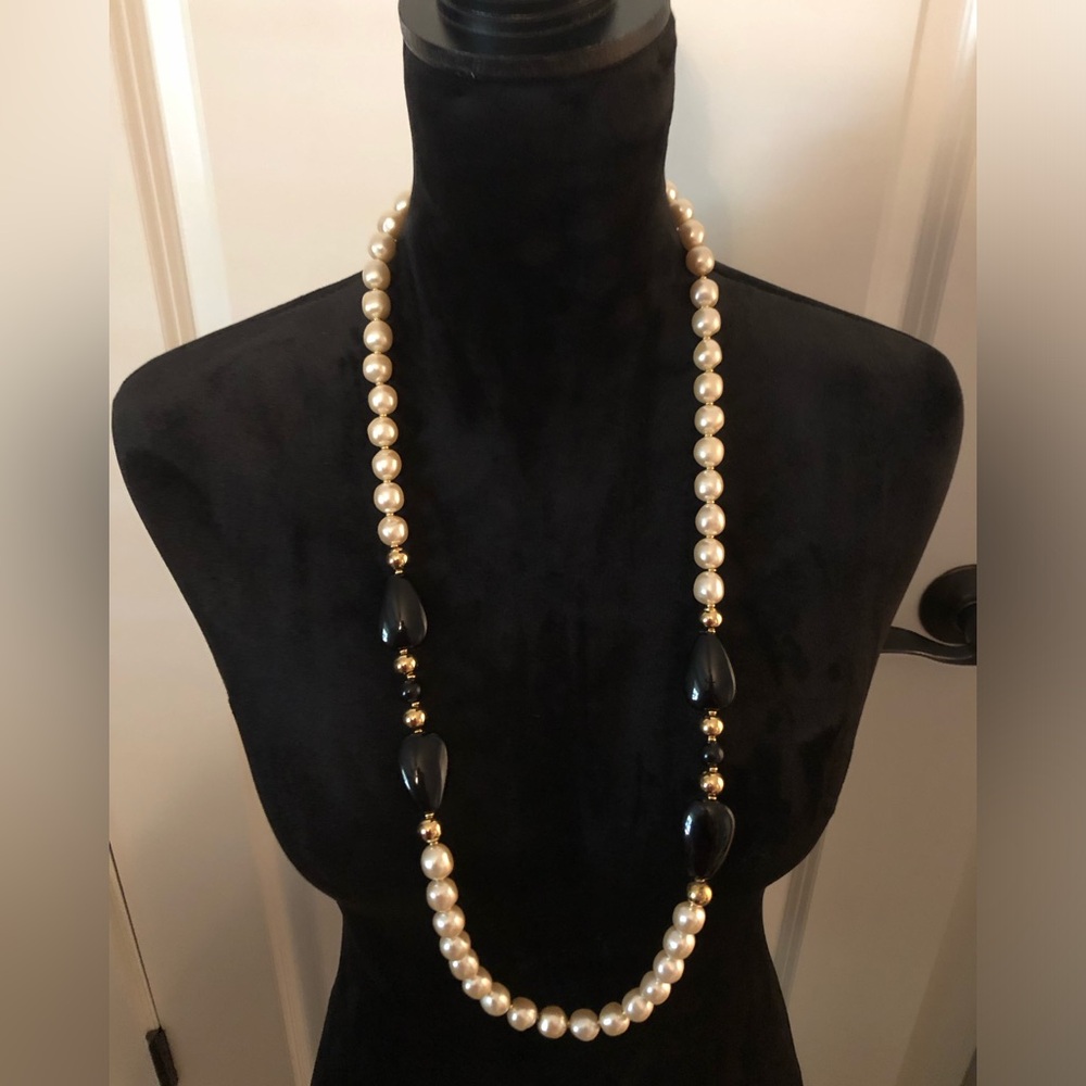 VINTAGE NAPIER Long Faux Pearl & Black Bead Necklace, Opera Length